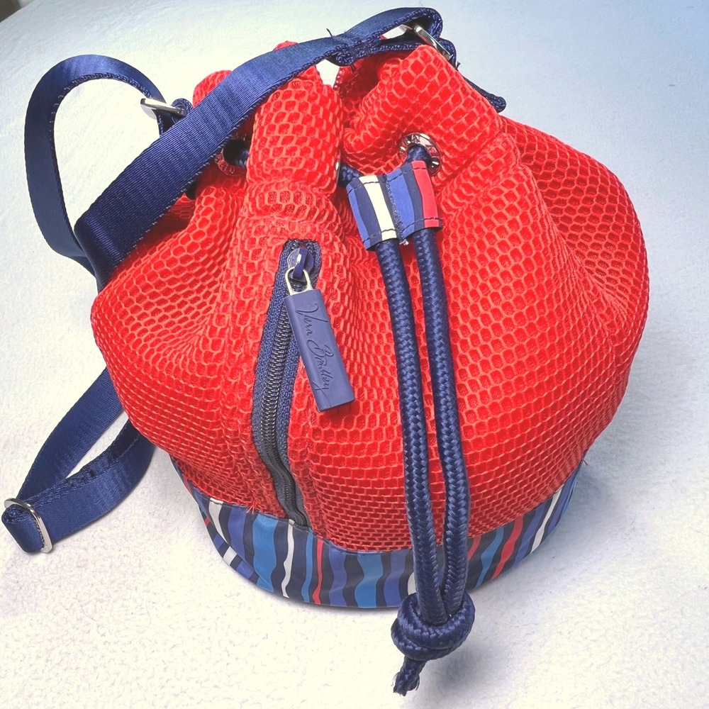 Vera Bradley Crossbody Bucket Bag Red Mesh Stripe Drawstring Shoulder Tote‎ Bag